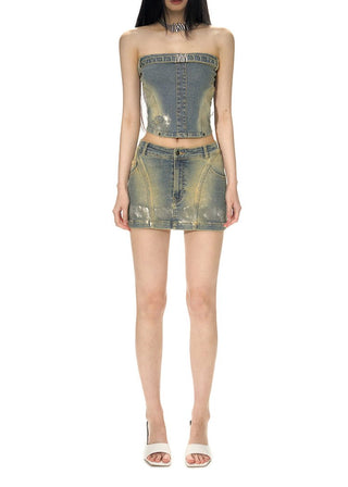 [NAWS] Denim Tube Top Miniskirt Set
