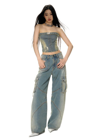 [NAWS] Denim Tube Top Miniskirt Set