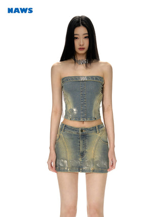 [NAWS] Denim Tube Top Miniskirt Set