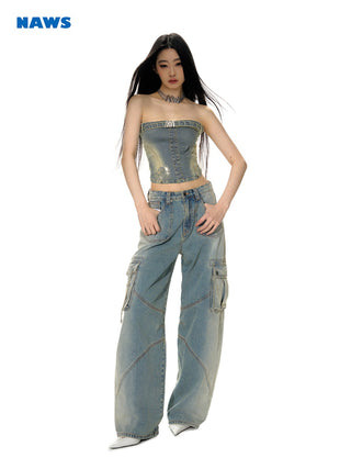 [NAWS] Denim Tube Top Miniskirt Set