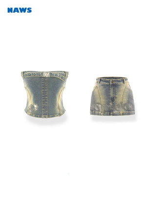 [NAWS] Denim Tube Top Miniskirt Set