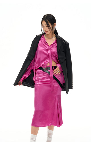 [NAWS] Embroidery Oversize Ripple Satin Shirt Rose Red