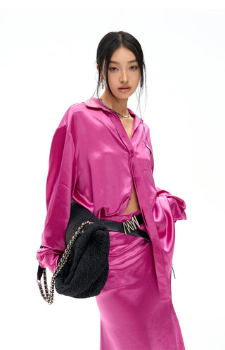 [NAWS] Embroidery Oversize Ripple Satin Shirt Rose Red