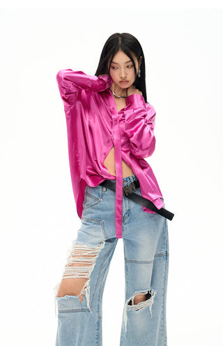 [NAWS] Embroidery Oversize Ripple Satin Shirt Rose Red
