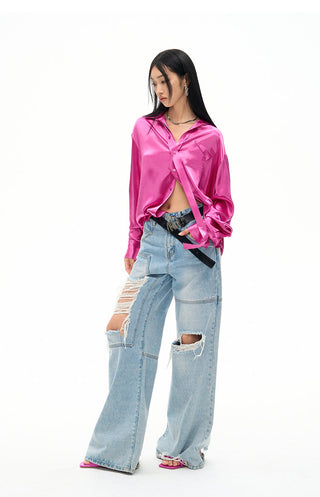 [NAWS] Embroidery Oversize Ripple Satin Shirt Rose Red
