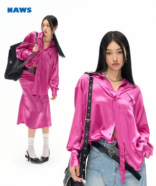 [NAWS] Embroidery Oversize Ripple Satin Shirt Rose Red