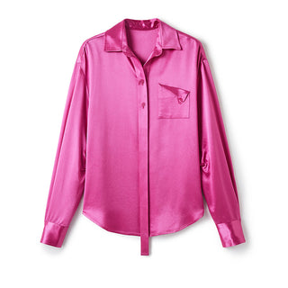 [NAWS] Embroidery Oversize Ripple Satin Shirt Rose Red