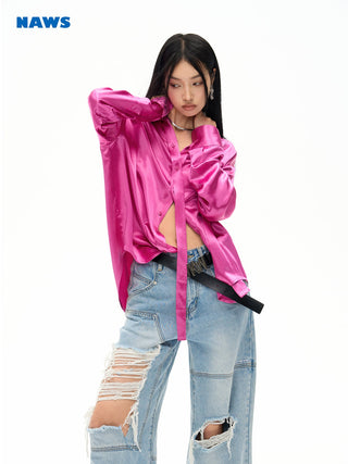 [NAWS] Embroidery Oversize Ripple Satin Shirt Rose Red