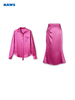 [NAWS] Embroidery Oversize Ripple Satin Shirt Rose Red