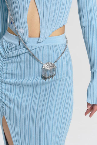 [NAWS] Fan-shaped textured metal chain + silver gemstone earrings