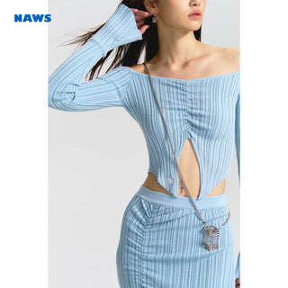 [NAWS] Fan-shaped textured metal chain + silver gemstone earrings