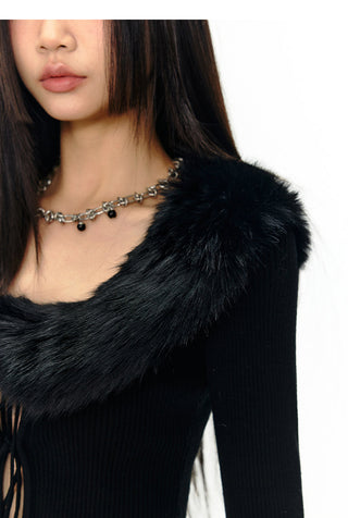 [NAWS] Fox fur detachable tie two-wear sweater