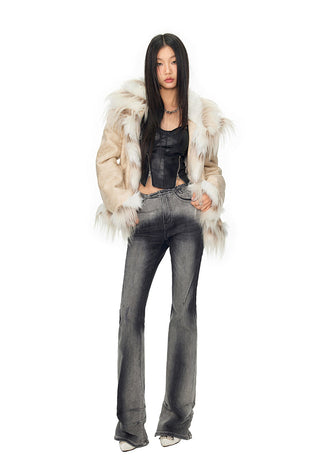 [NAWS] Gradient tie-dye waist stitching fur jacket