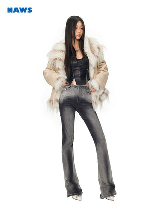 [NAWS] Gradient tie-dye waist stitching fur jacket