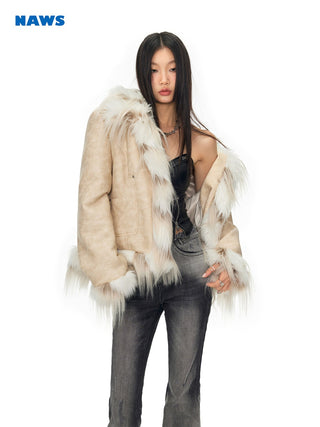 [NAWS] Gradient tie-dye waist stitching fur jacket