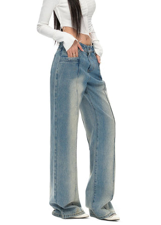 [NAWS] Contrast color pleat straight jeans