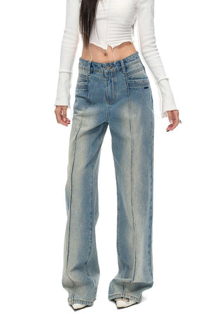 [NAWS] Contrast color pleat straight jeans