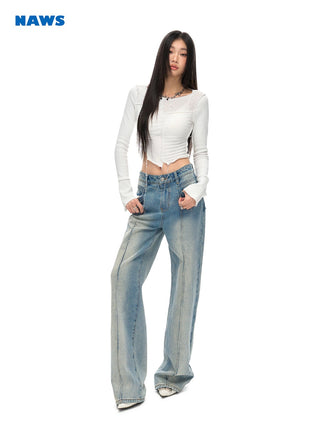 [NAWS] Contrast color pleat straight jeans