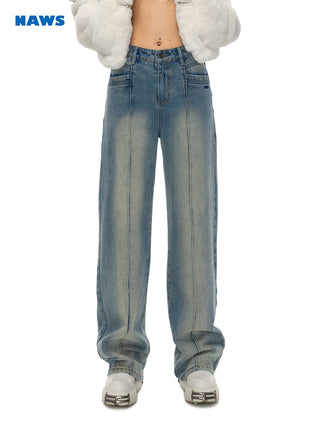 [NAWS] Contrast color pleat straight jeans