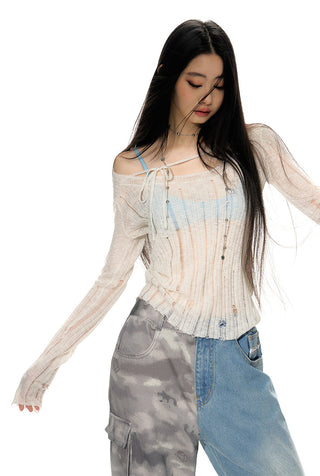 [NAWS] Slim-fitting Ripped Knit Cardigan white