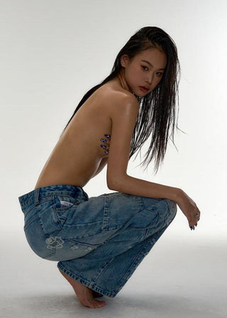 [NAWS] Laser-ripped, washed straight jeans