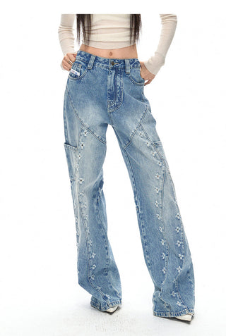 [NAWS] Laser-ripped, washed straight jeans