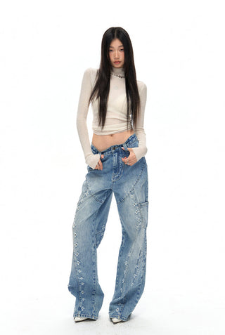 [NAWS] Laser-ripped, washed straight jeans