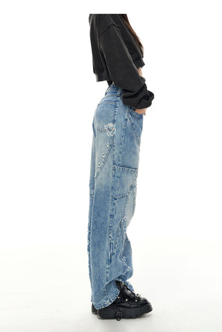 [NAWS] Laser-ripped, washed straight jeans