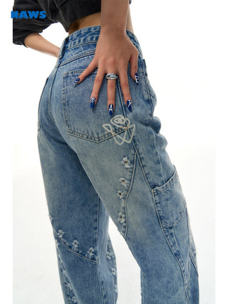 [NAWS] Laser-ripped, washed straight jeans
