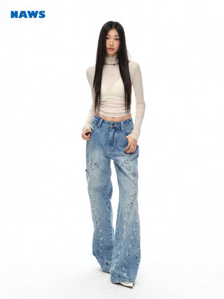 [NAWS] Laser-ripped, washed straight jeans