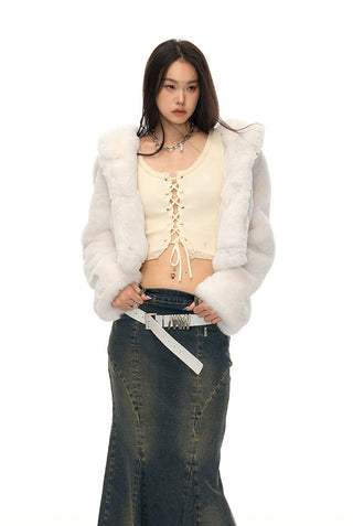 [NAWS] Cropped Fur Hoodie White