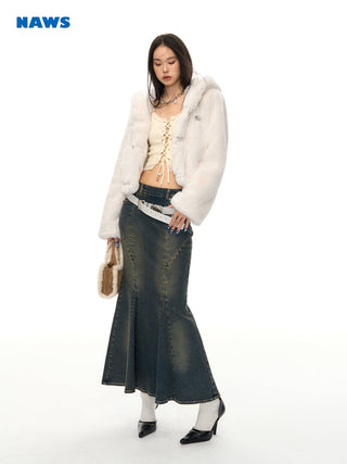 [NAWS] Cropped Fur Hoodie White