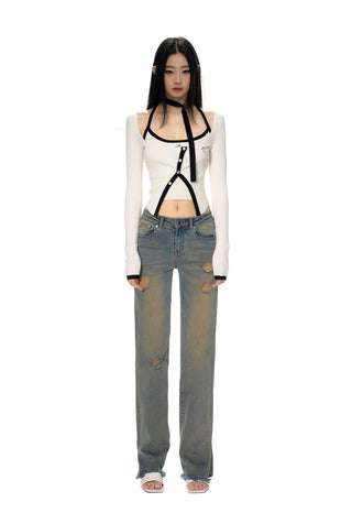 [NAWS] Contrast color knitted cardigan & vest set