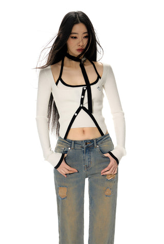 [NAWS] Contrast color knitted cardigan & vest set