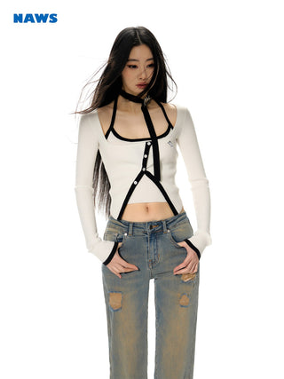 [NAWS] Contrast color knitted cardigan & vest set