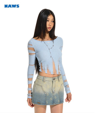 [NAWS] Round Neck Burnt Flower Knit Tee