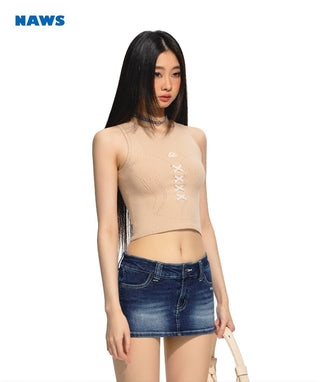 [NAWS] Velvet contrast color knitted vest brown