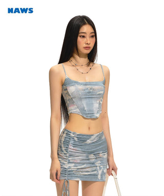 [NAWS] Printed fishbone vest & Pleated hip skirt