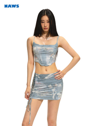 [NAWS] Printed fishbone vest & Pleated hip skirt