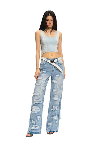 [NAWS] Ripped Embroidered Cleanfit Loose Jeans