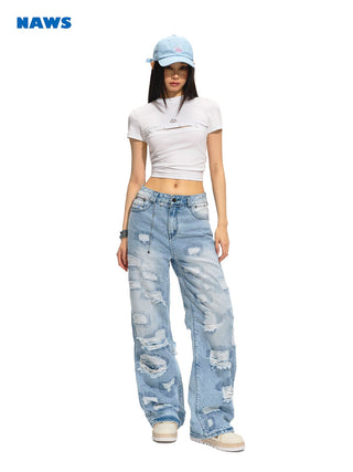 [NAWS] Ripped Embroidered Cleanfit Loose Jeans