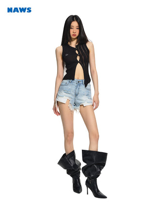 [NAWS] Mid-Rise Ripped Denim Shorts