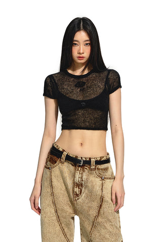 [NAWS] Micro-transparent slim knitted short Tee