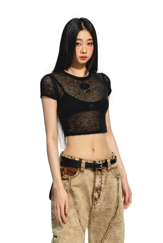 [NAWS] Micro-transparent slim knitted short Tee
