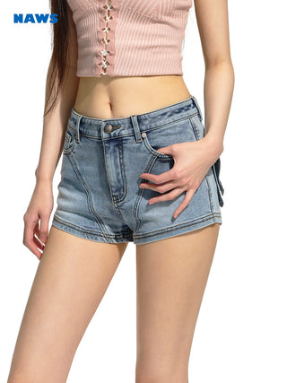 [NAWS] Low waist stretch denim shorts Blue