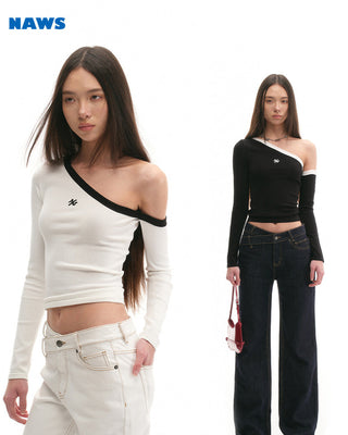 [NAWS] Sculpture Sweater Contrast Cold Shoulder Top