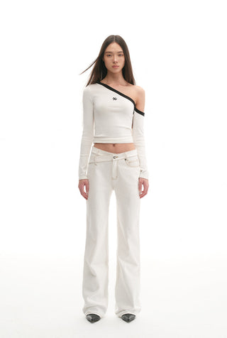 [NAWS] Sculpture Sweater Contrast Cold Shoulder Top
