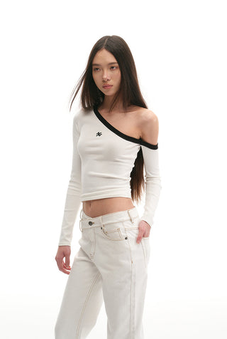 [NAWS] Sculpture Sweater Contrast Cold Shoulder Top