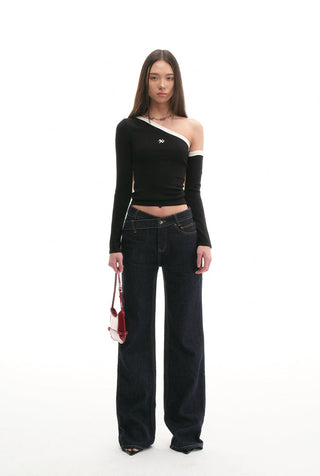 [NAWS] Sculpture Sweater Contrast Cold Shoulder Top