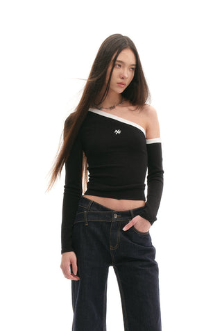 [NAWS] Sculpture Sweater Contrast Cold Shoulder Top